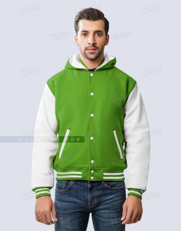 Kelly Green Wool and White Leather Sleeves Varsity Jacket with Hood