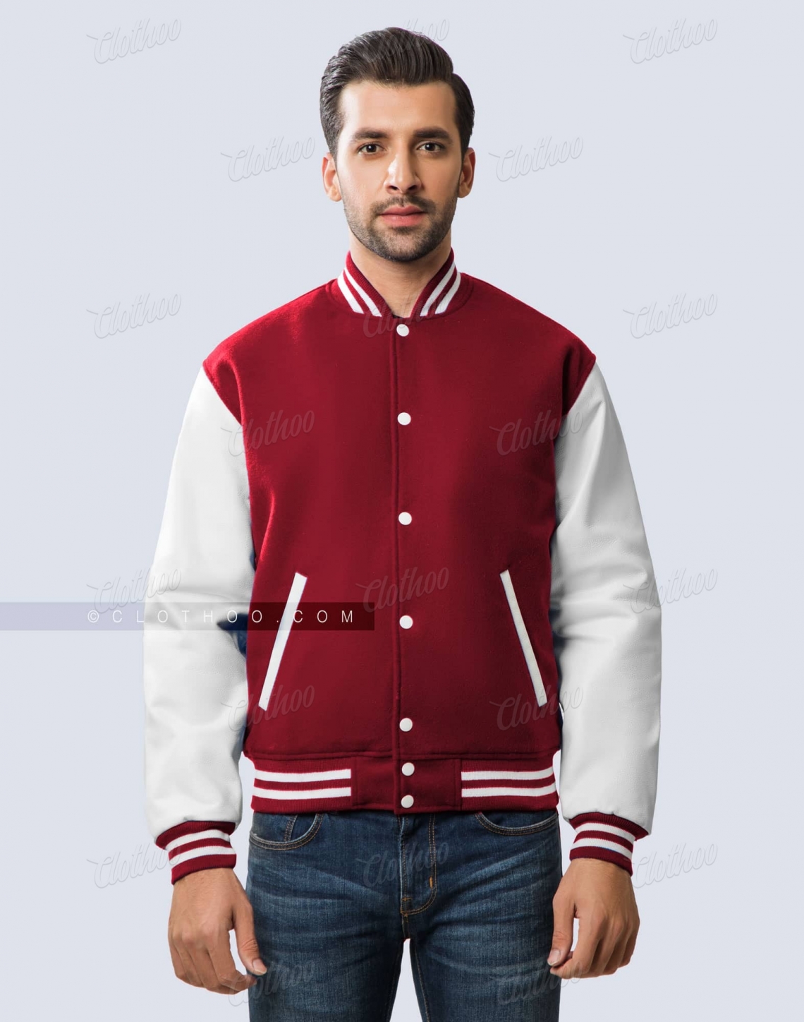 Light Maroon Wool Body White Leather Sleeves Varsity Jacket