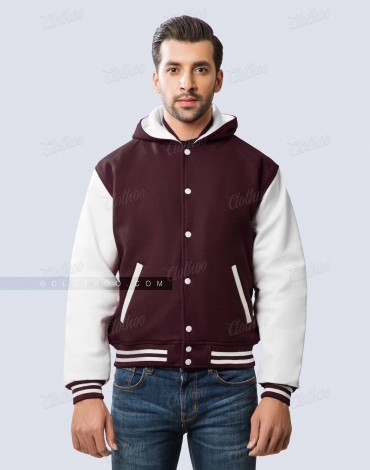 Maroon Wool and White Leather Sleeves Hooded Letterman Jacket