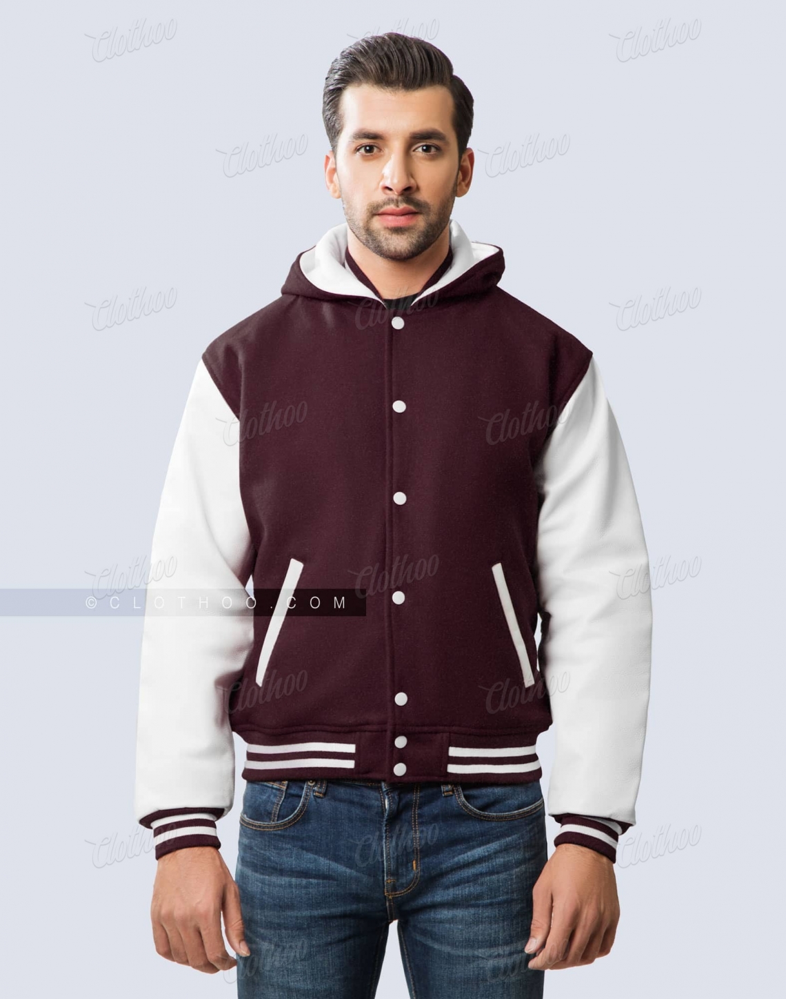 Maroon letterman jacket with hood