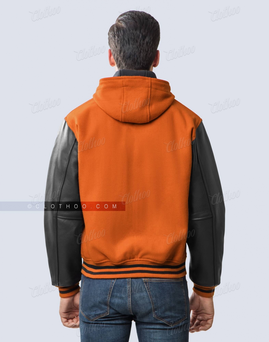Mens Hooded Varsity Jacket Orange Black