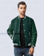 Dark Green Wool Body and Leather Sleeves Letterman Jacket