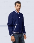 navy blue wool letterman jacket side view