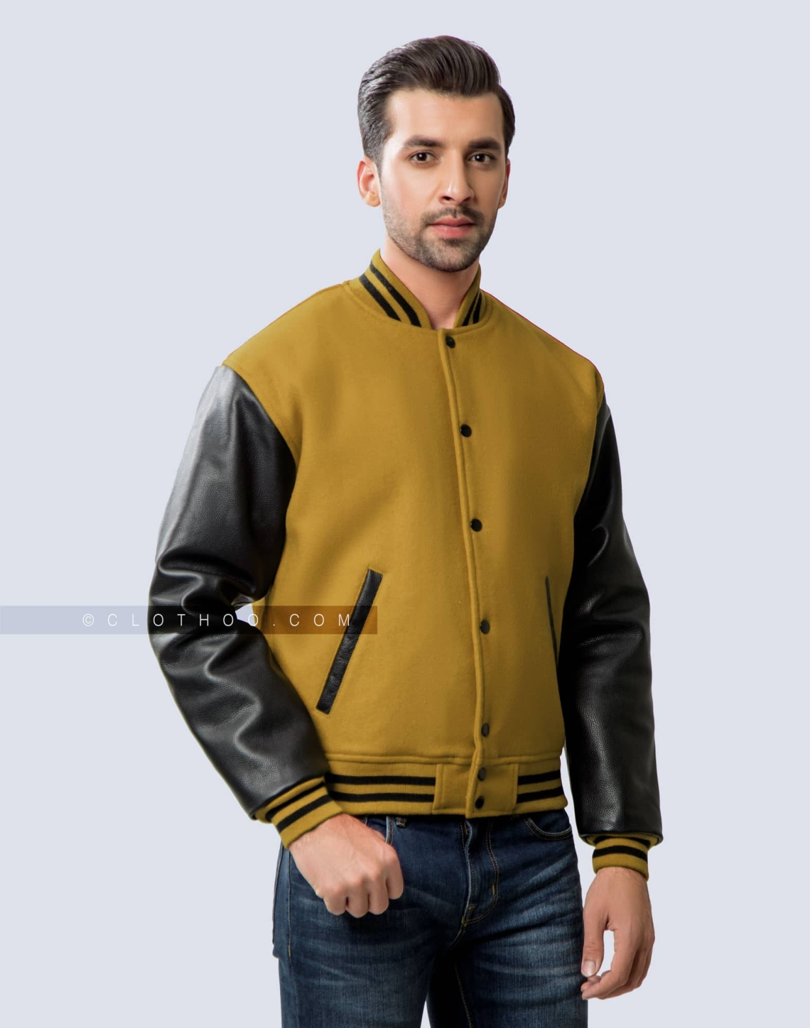 Old Gold Wool Body and Black Leather Sleeves Letterman Jacket side