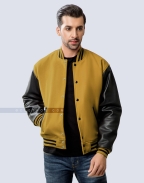 Old Gold Wool Body and Black Leather Sleeves Letterman Jacket casual