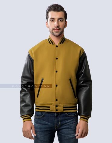 Old Gold Wool and Black Leather Sleeves Letterman Jacket