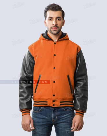 Orange Wool and Black Leather Sleeves Hooded Jacket
