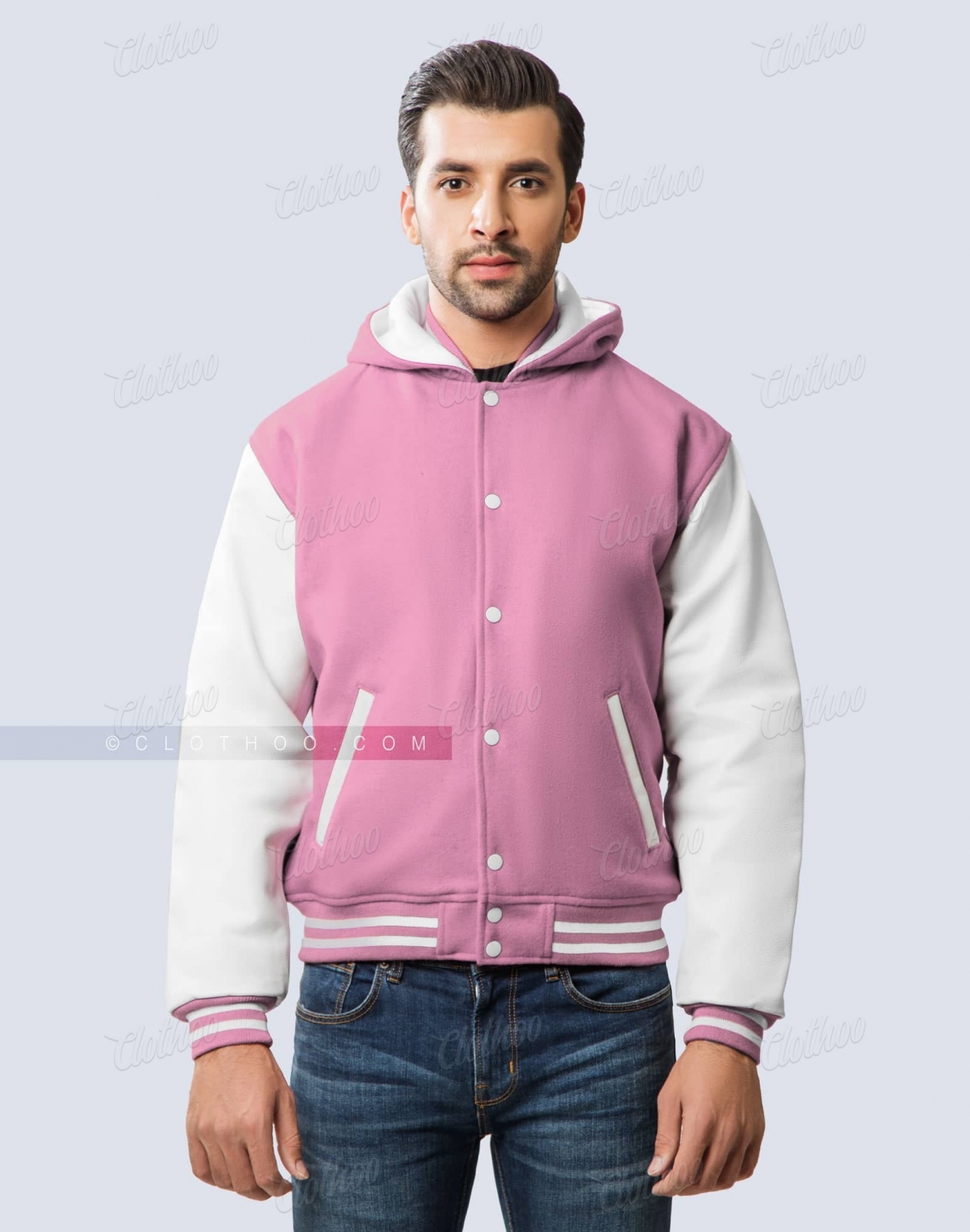 Pink Hooded Varsity Jacket White Leather Sleeves