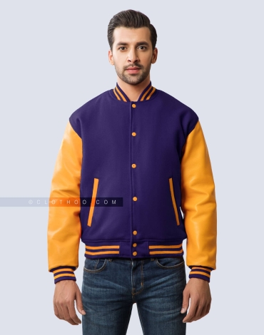 Purple Wool and Gold Leather Sleeves Letterman Jacket