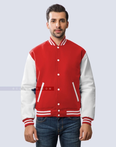 Red Wool and White Leather Sleeves Letterman Jacket
