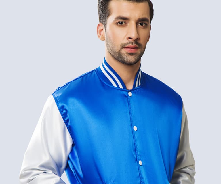  Royal blue satin body with white satin sleeves with cotton lining. 