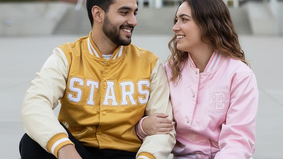  Man and woman in gold and pink satin baseball satin jacket with custom embroidered. 