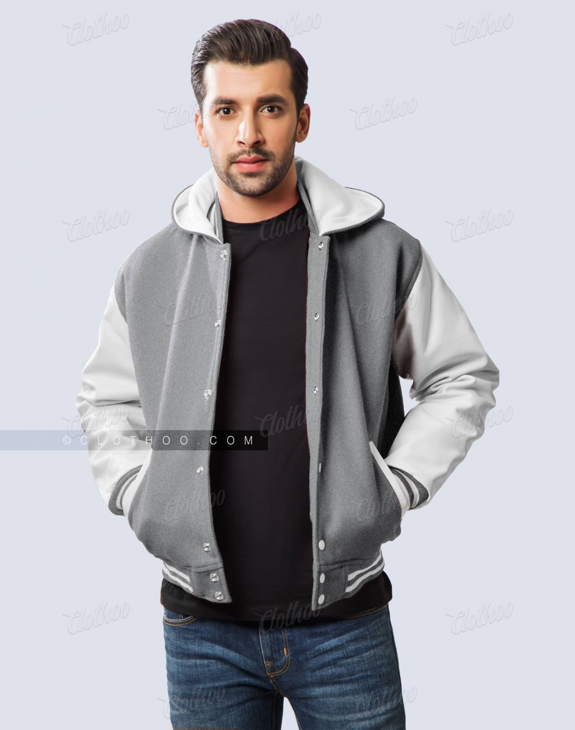 Schools Hooded Varsity Jacket Light Grey White Leather Sleeves
