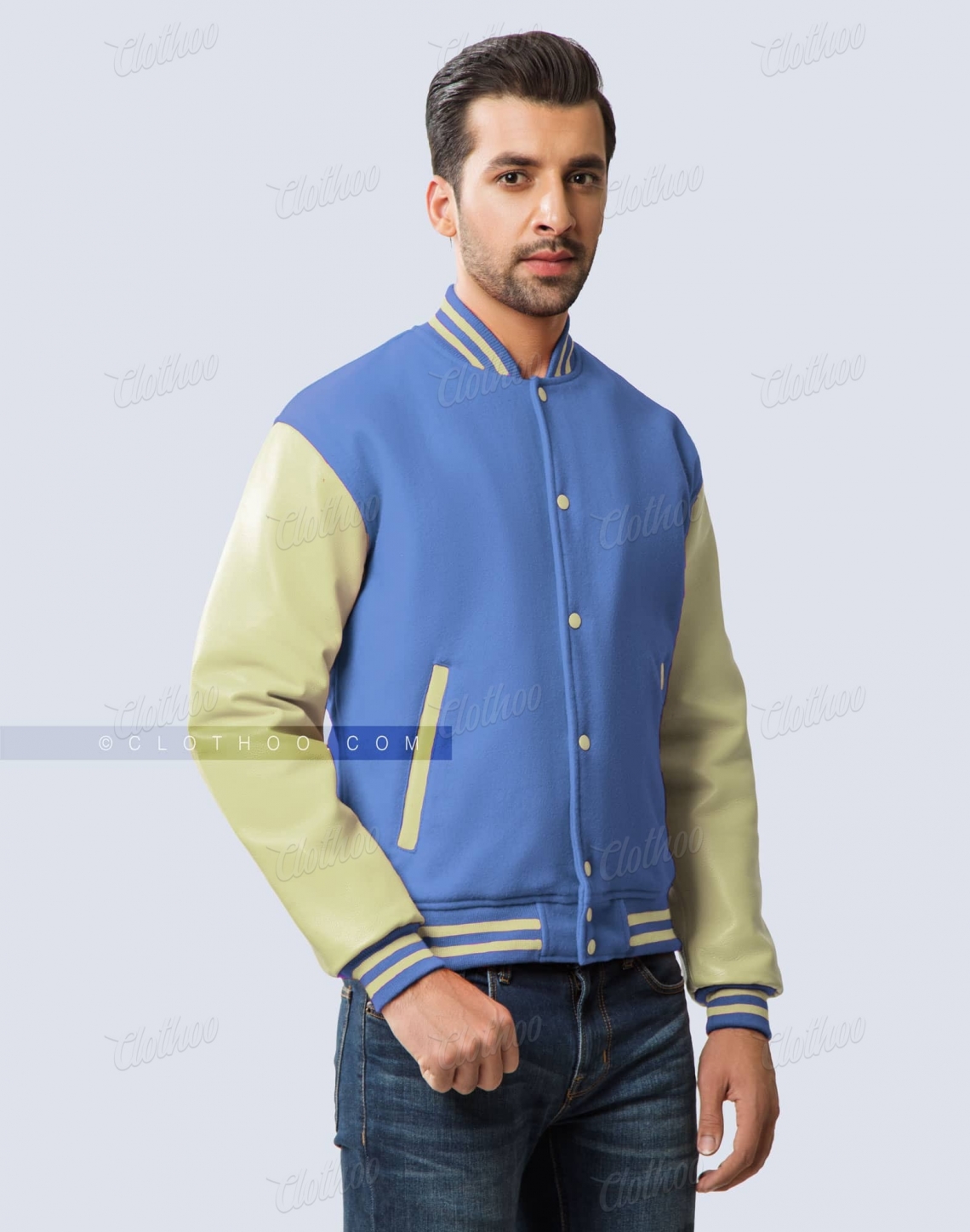 Sky Blue Wool Body & Cream Leather Sleeves Varsity Jacket Monster