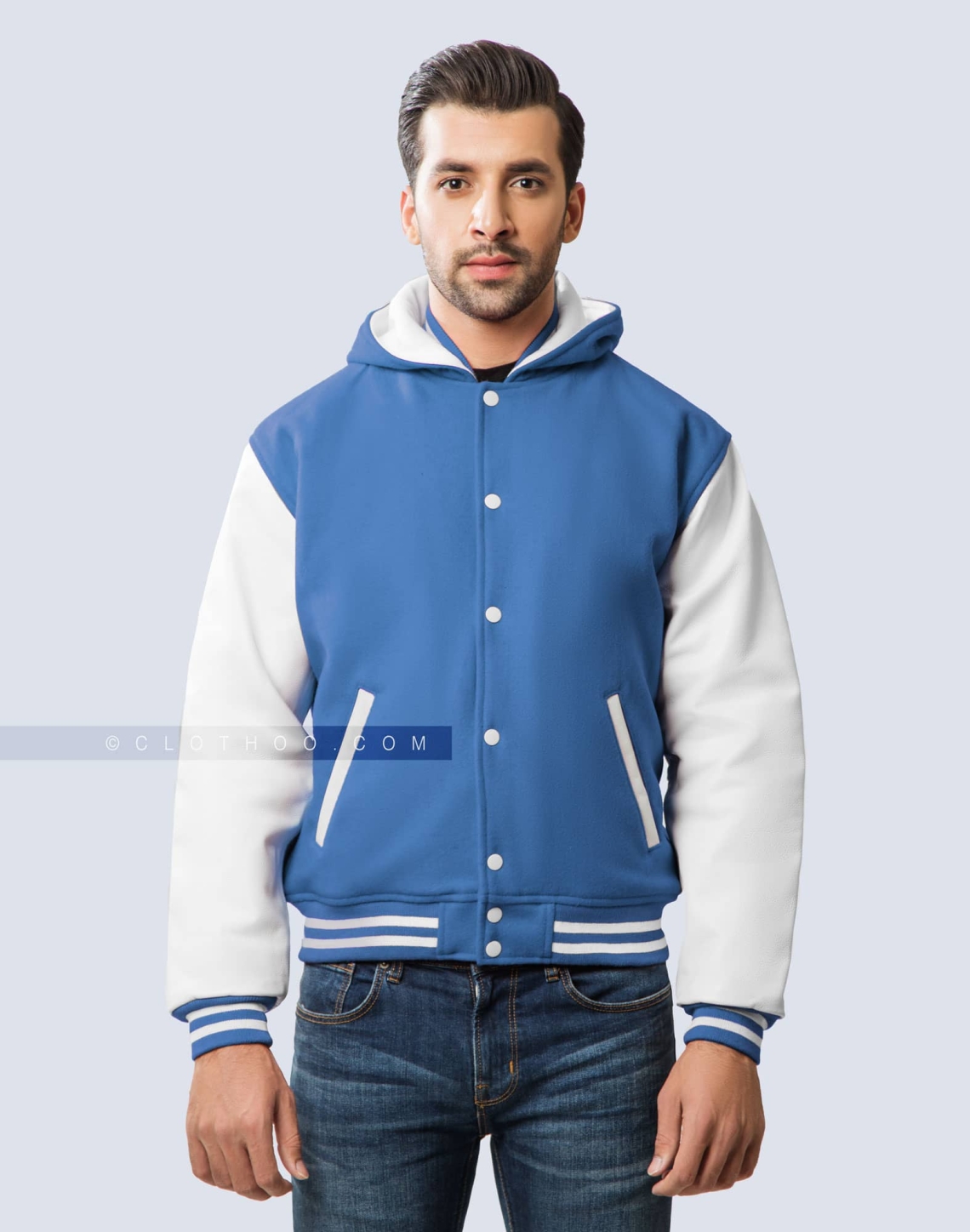 sky blue hooded letterman jacket with white sleeves side