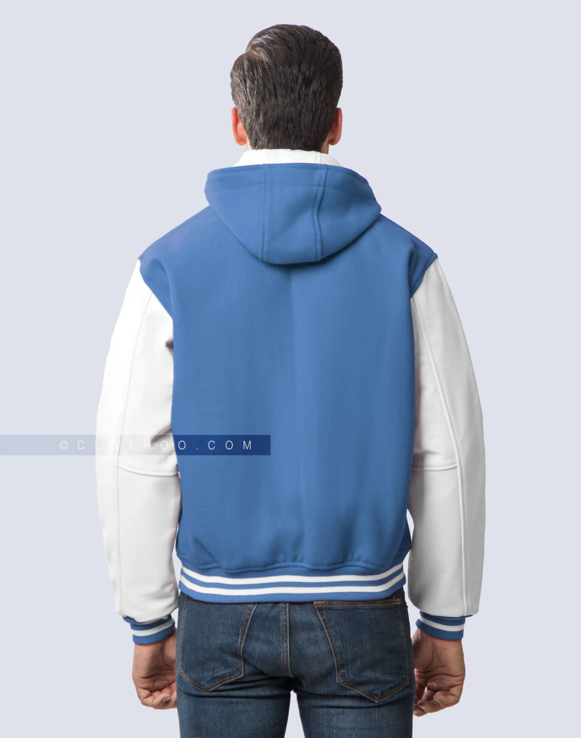 sky blue hooded letterman jacket with white sleeves side