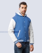 sky blue hooded letterman jacket with white sleeves side