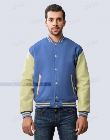Sky Blue Wool and Cream Leather Sleeves Varsity Jacket