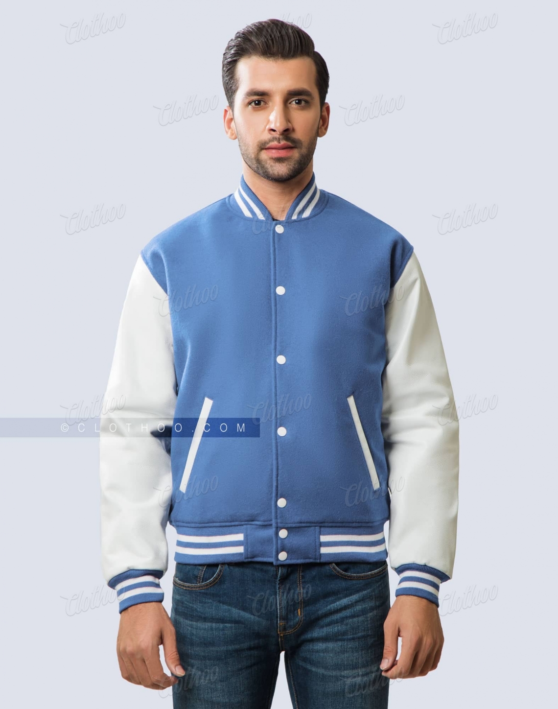 sky blue varsity jacket melton wool body and leather sleeves