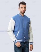 blue varsity jacket melton wool body and leather sleeves