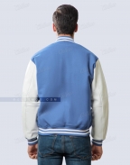 sky blue wool body and white leather sleeves varsity jacket