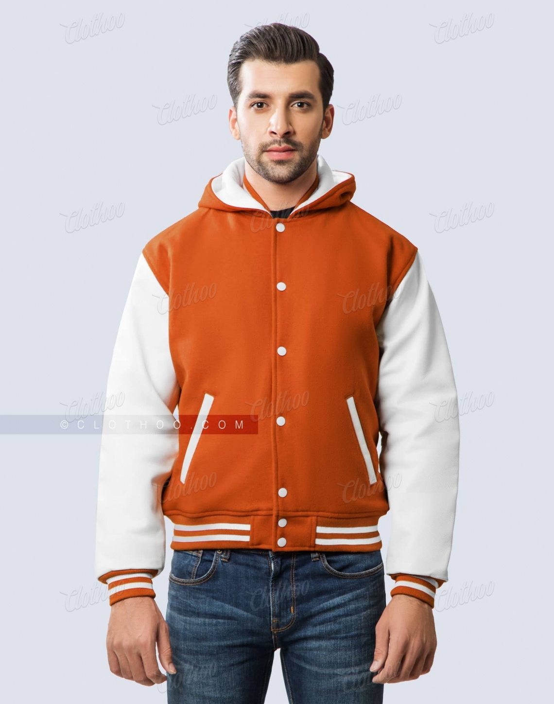 varsity jacket with hood orange wool body, white leather sleeves