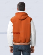 varsity jacket with hood orange wool body, white leather sleeves back