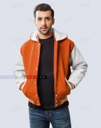 varsity jacket with hood orange wool body, white leather sleeves casual