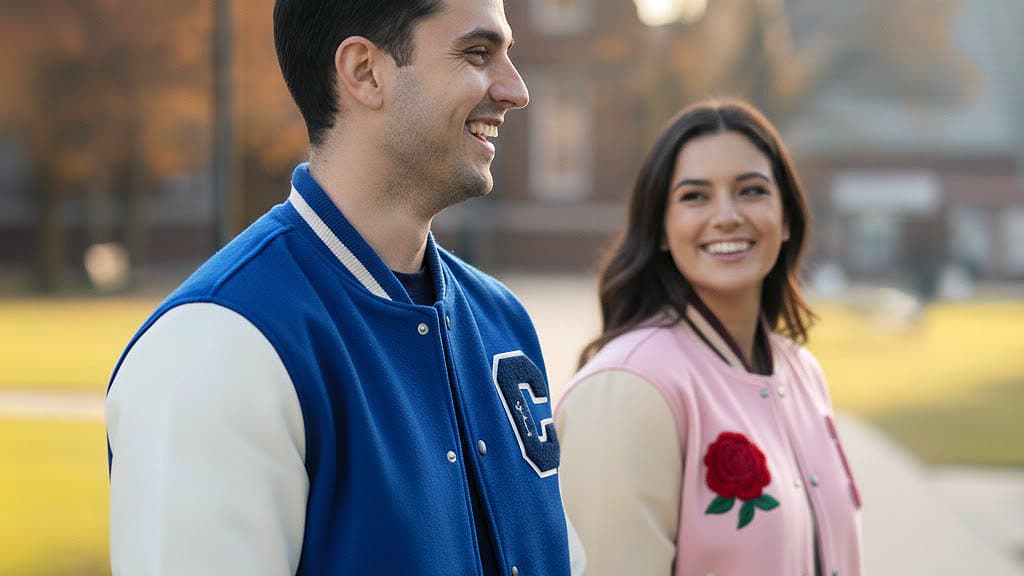  A US couple in wool body with leather sleeves varsity letterman jackets.