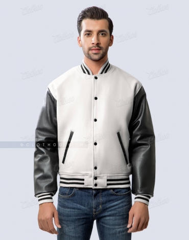 White Wool and Black Leather Sleeves Letterman Jacket