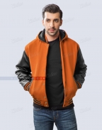 Wool Leather Varsity Jacket With Hood