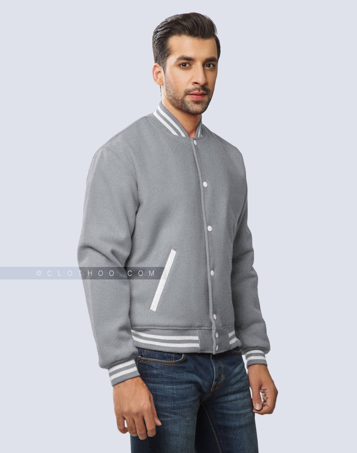 Light Grey Wool Varsity Jacket with Leather Pockets