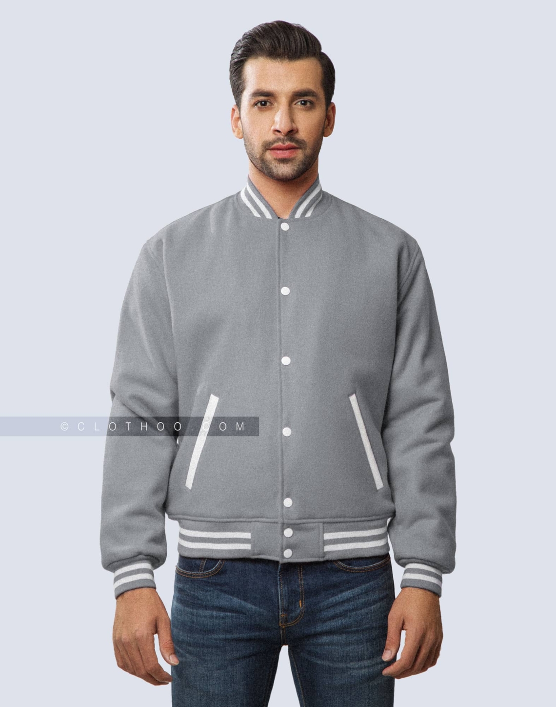 Light Grey Wool Varsity Jacket with Leather Pockets