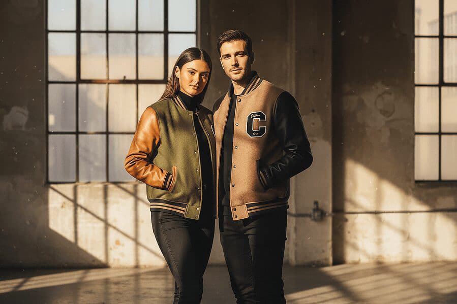 Couple wearing classic varsity jackets in vintage colors